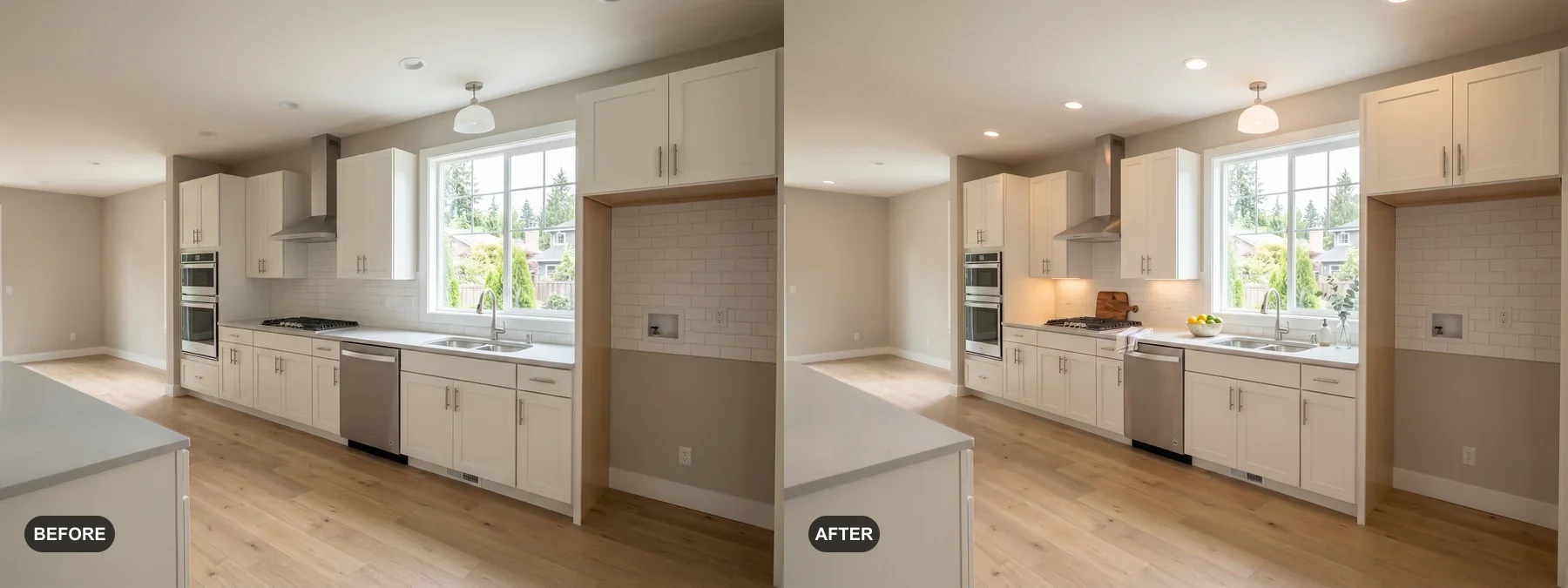 Before and after comparison of a white galley kitchen with pendant light styled for a listing