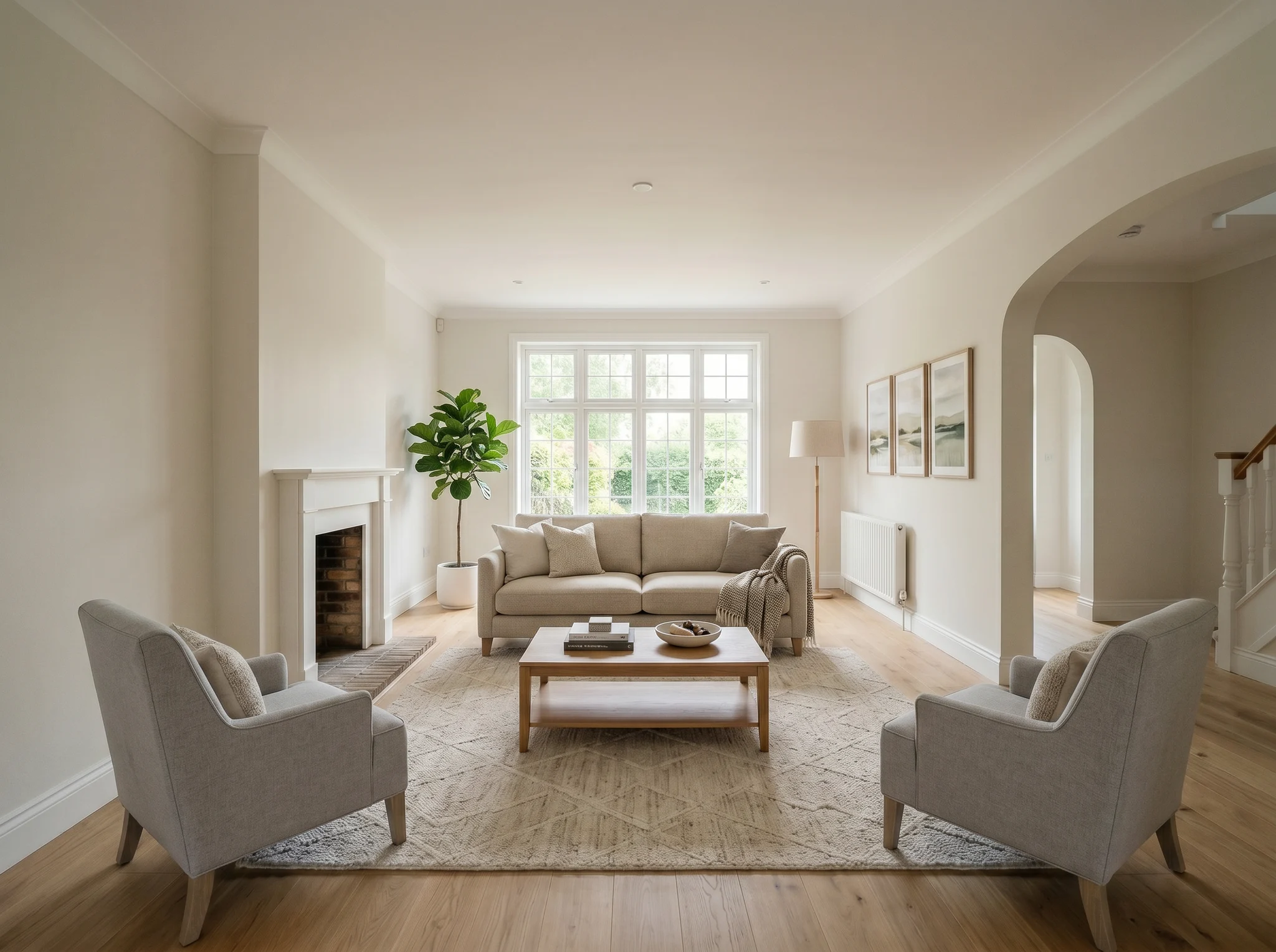 Contemporary staging result for a UK living room with fireplace, sofa, armchairs, and rug