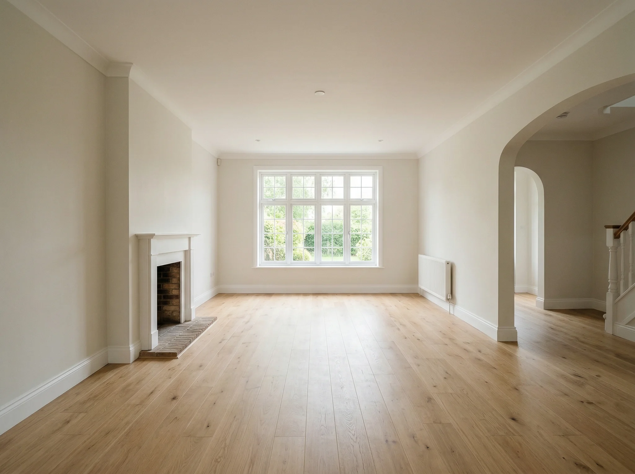 Empty UK-style living room with fireplace and archway before AI virtual staging
