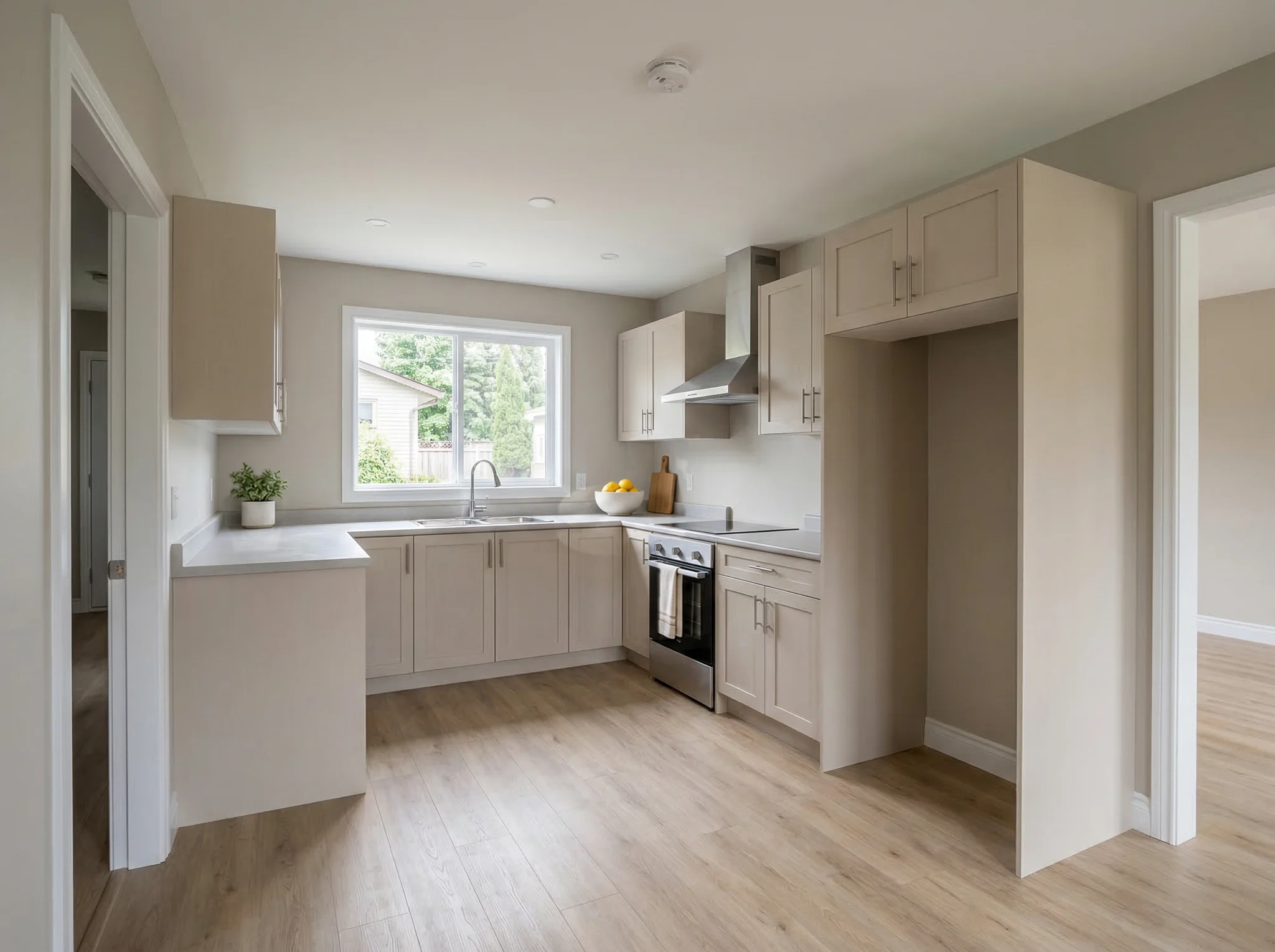 U-shape kitchen styled with plant, fruit bowl, cutting board, and towel, structure unchanged