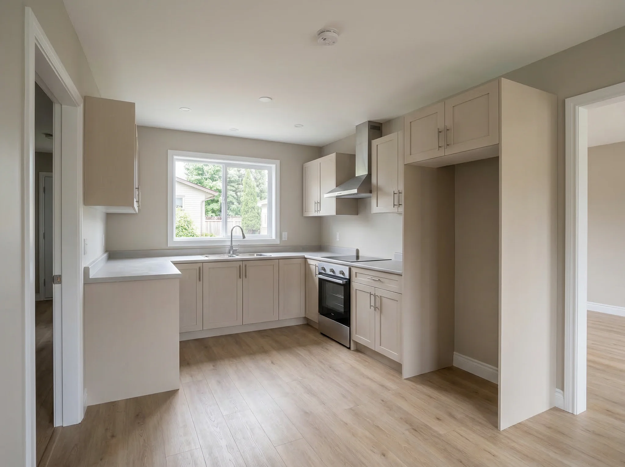 Empty U-shape kitchen with bare counters before listing styling