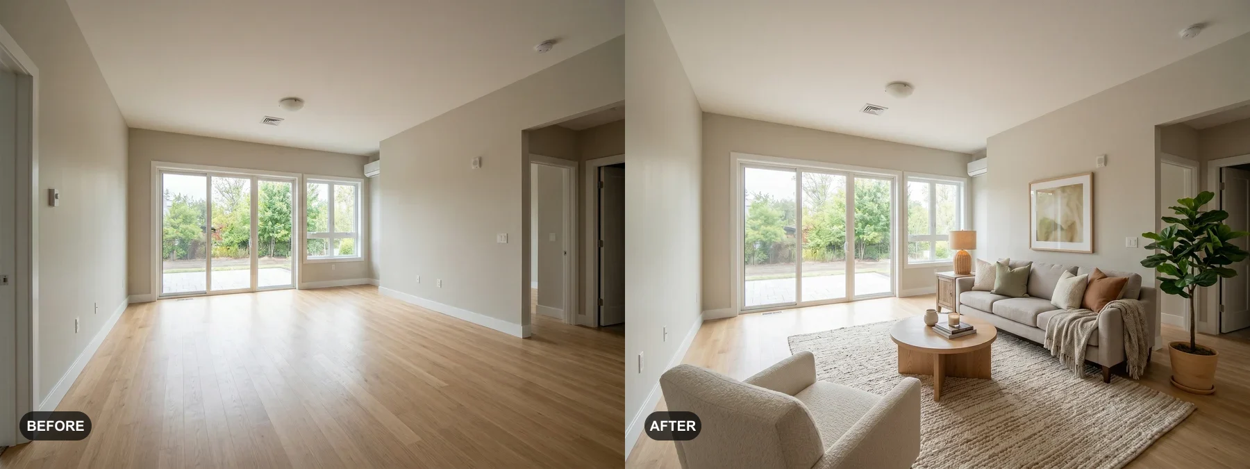 Before and after comparison of an empty living room with patio doors staged for a listing