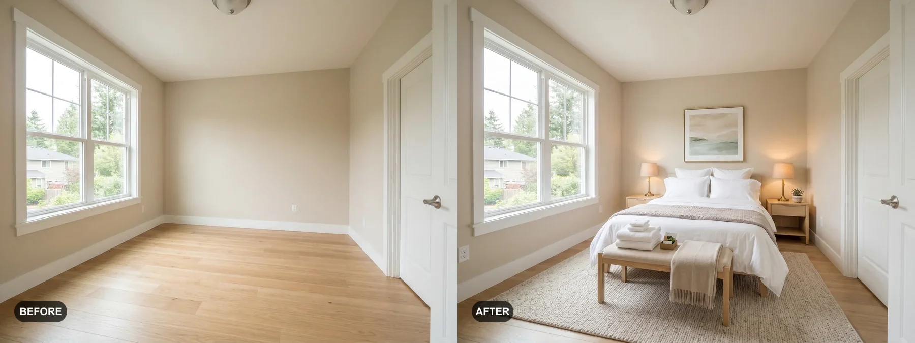 Before and after comparison of an empty bedroom with garden view staged for an Airbnb listing