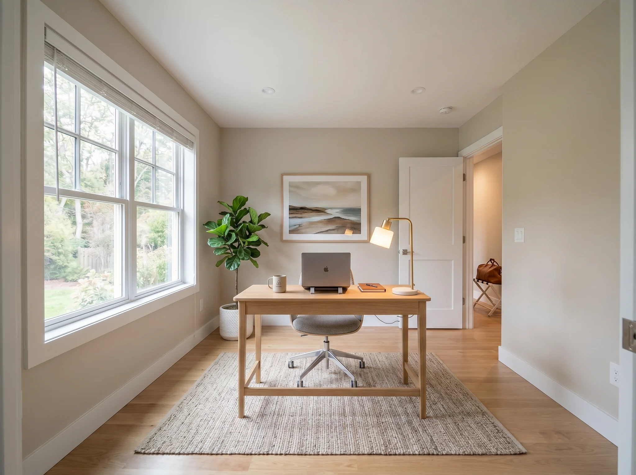 Same home office after AI home design with desk and shelving