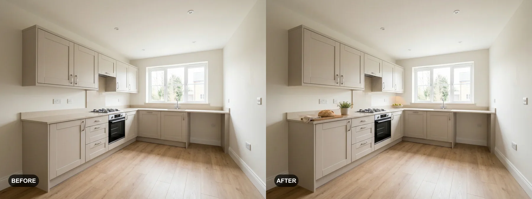 Before and after comparison of an empty shaker kitchen styled for a listing photo