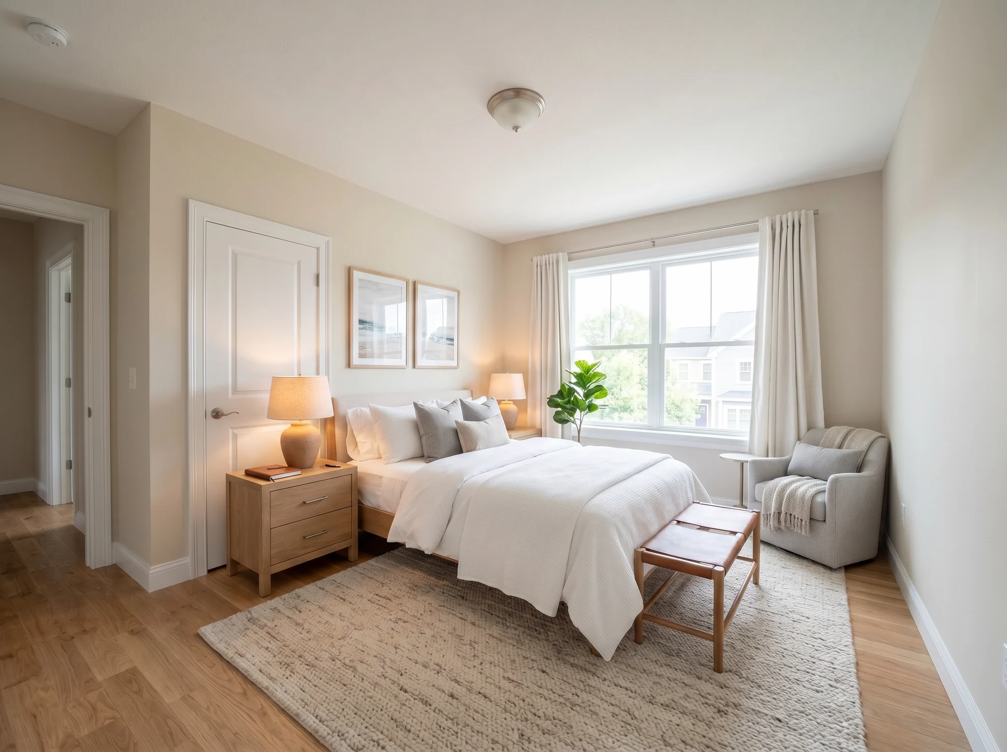 Airbnb guest suite staging with bed, white linens, wood nightstands, leather bench, and art