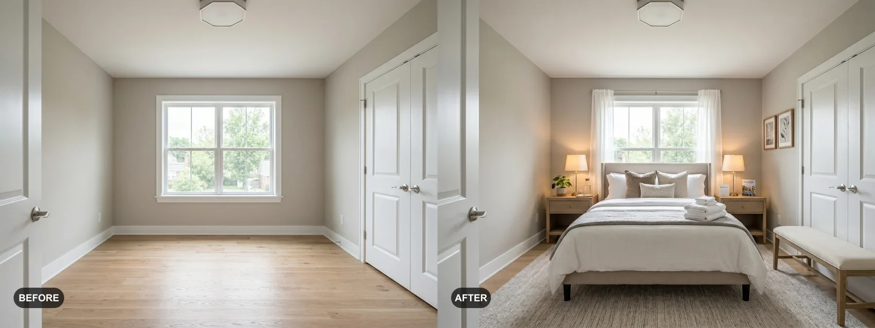Before and after comparison of an empty bedroom staged with a neutral bedroom set