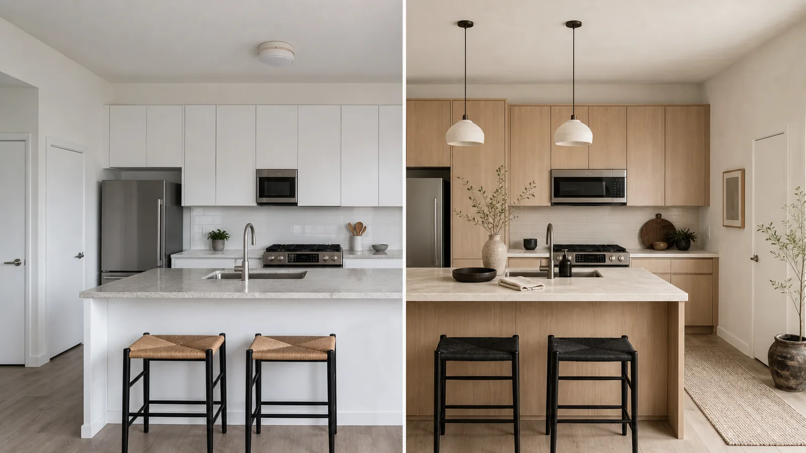 Before and after AI-generated Japandi kitchen redesign with pale oak, warm white walls, and quiet black accents