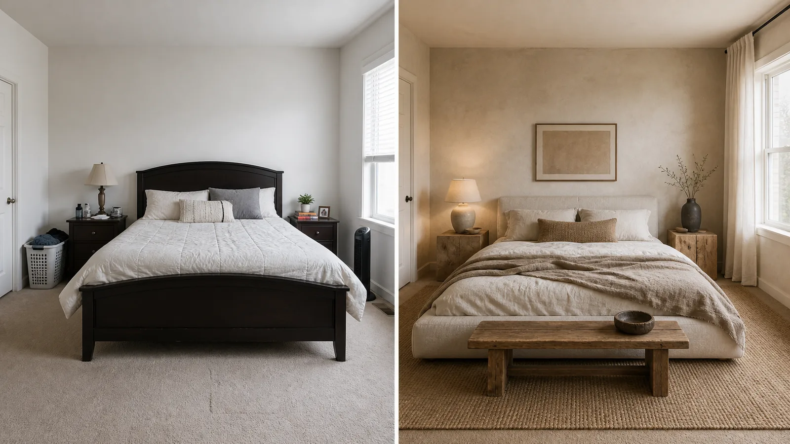 Before and after AI-generated Wabi-Sabi bedroom redesign with linen bedding, clay tones, raw wood, and handmade ceramics