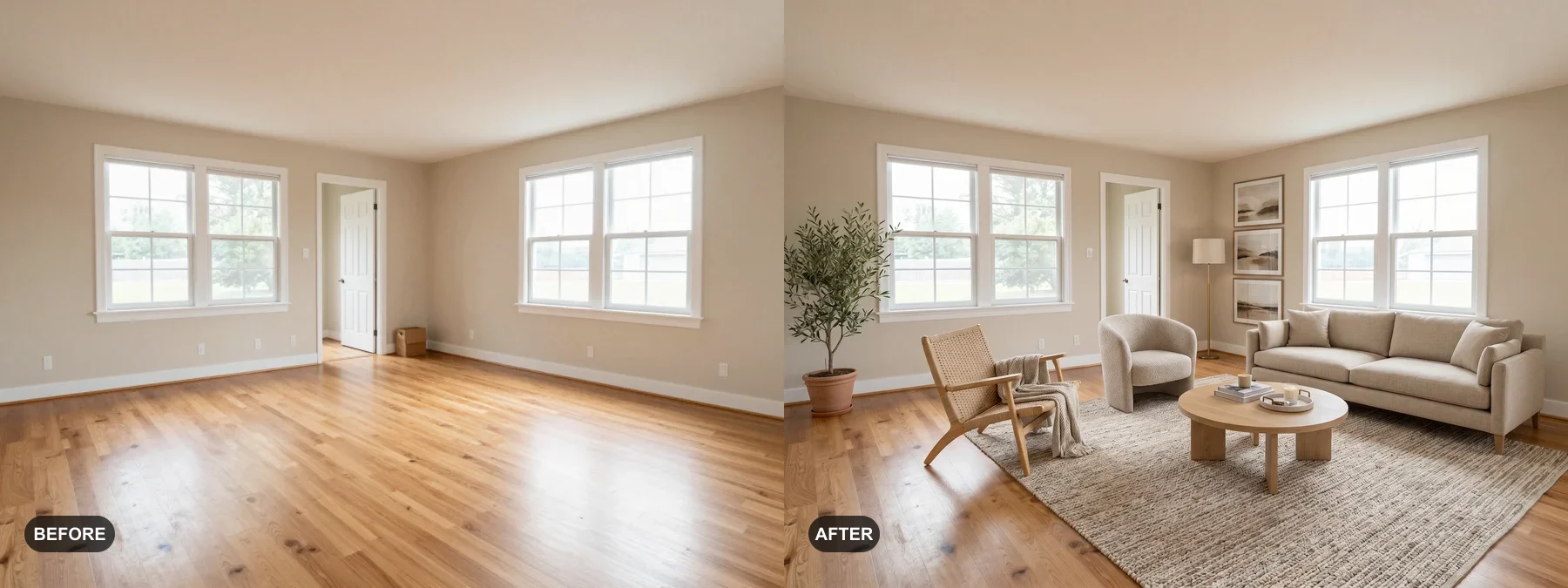 Empty living room before and after AI room design with added furniture